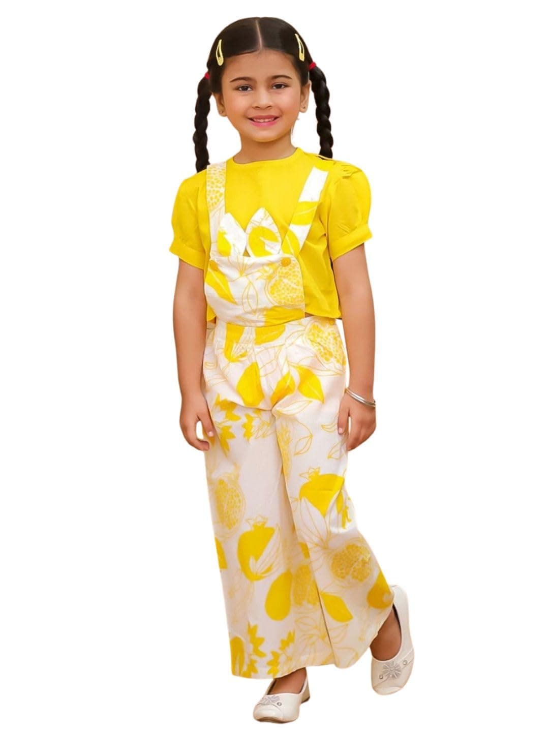 AJ DEZINES Kids Cotton Half Sleeve Yellow Co-ords Set for Girls - Casual Outfit | Vacation Wear |Beach Dress |Floral Printed Top Pant for girls - Regular Fit (G-CO-2052-YELLOW-3-4Y-22)