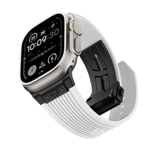 NewWays Watch Band for Apple Watch Ultra 2 Band 49mm 45mm 44mm 42mm, Luxury Rugged Silicone Rubber Strap with Metal Connector & Folding Deployment Clasp for iWatch Ultra Series 9 8 7 6 5 4 3 2 1 SE for Men