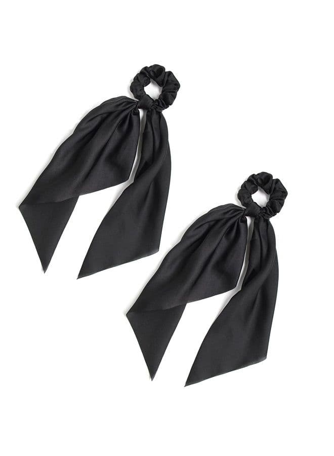 Pack of 2 Knotted Bow Hair Scrunchies Elastic Hair Scarf Black Hair Ties Bands Satin Hair Ribbon Scrunchy Red Ponytail Holder for Women and Girls (Black)