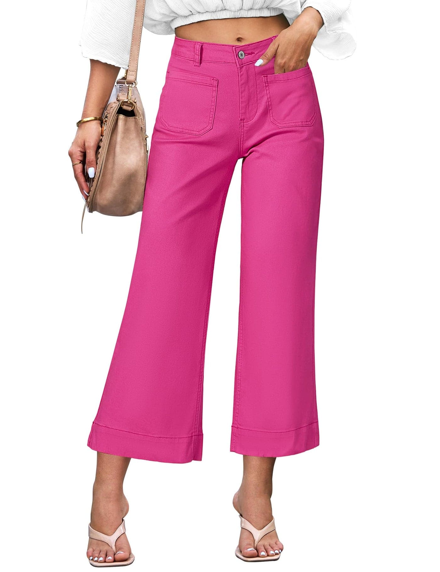 luvamia Wide Leg Jeans for Women Trendy High Waisted Flare Jeans Cropped Denim Pants Stretchy Baggy with Patch Pockets Work Jeans Womens Jeans Size 10 Womens Colored Jeans Hot Pink Size Medium Size 8