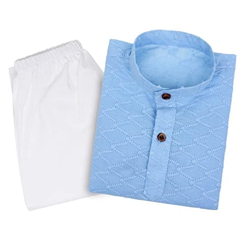 superminis Baby Boys Ethnic Wear Colored Cotton Solid Chikankari Kurta, Round Collar, Full Sleeves With White Pyjama, Kurta Set (Sky Blue, 3-6 Months)