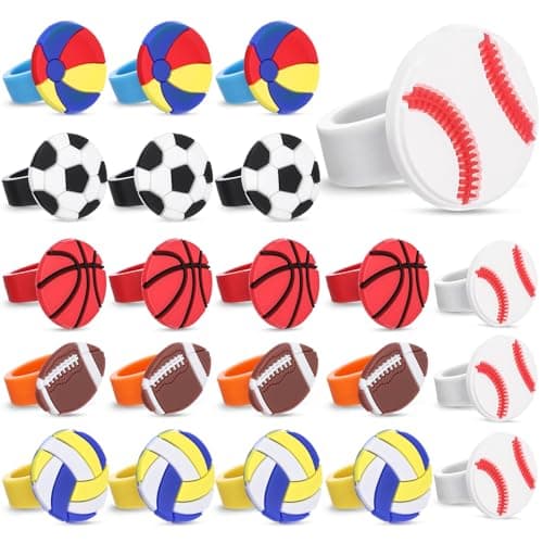 Chalyna 24 Packs Ball Rubber Rings Soccer Football Baseball Basketball Volleyball Beach Ball Cupcake Topper for Kids Party Favors Supplies