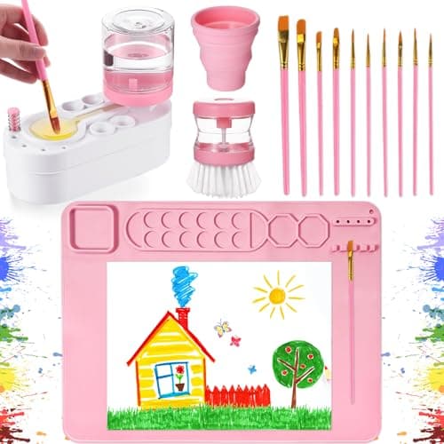 Painting Station Paint Brush Cleaner 20X16 Silicone Paintings Mat with Cup and Paint Holder 10 Paintings Brushes Childrens Painting Set Art Supplies for Kids End of Year Gifts DIY Crafts Pink