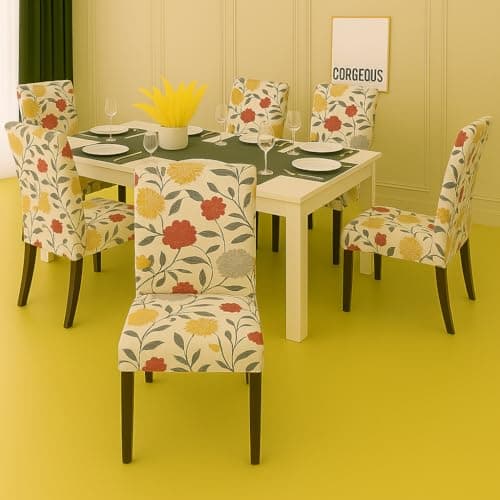Homerz Premium Pack of 6 Elastic Stretchable Dining Chair Cover, Removable Washable Elastic Floral Printed Dining Chair Covers seat Cushion pad Wooden (BW3D, Pack of 6)