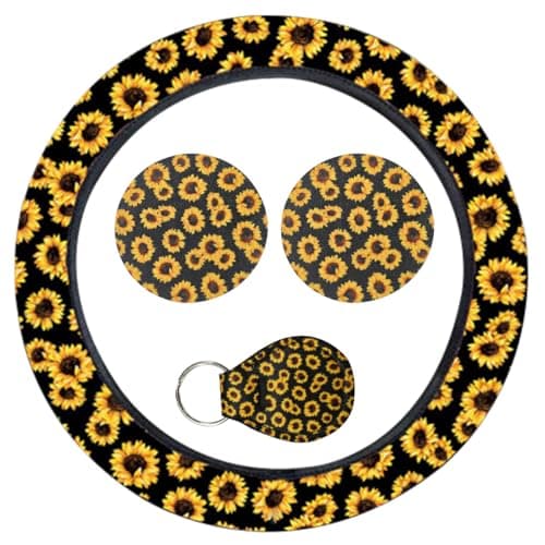 UHANBUT 4PCS Sunflower Car Accessories Set Fashion AntiSlip 1415 Inch Steering Wheel Cover with Cup Holder Coaster Quarter Keyring Vehicle Interior Decorative Protector for Women Sunflower