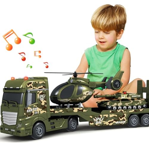 SpringFlower Toddler Boy Toys 3 in 1 Large Army Truck Toy with Helicoper and Tank Military Transport Truck Toy Christmas Birthday Gifts for Kids 3 4 5 6 Years Old