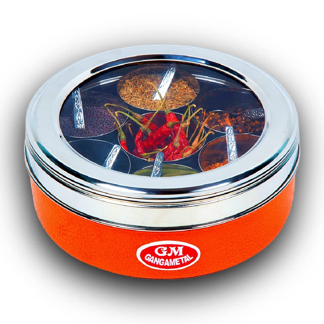 GANGA 7 in 1 Spice Box Stainless Steel Masala Dabba Masala Box for Kitchen Steel Masala Dabba Steel Seethrough lid 7 containers and a Spoon Silver Coloured Size Medium Orange