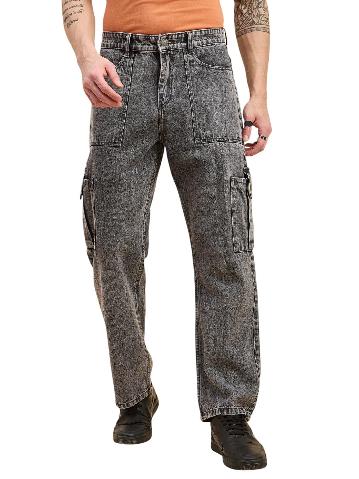 STUDIO NEXX Men's Ice Grey Baggy fit Denim Cargo Pants |Non Stretchable| Wide Leg Jeans| Cargo Jeans|Baggy Cargos for Men