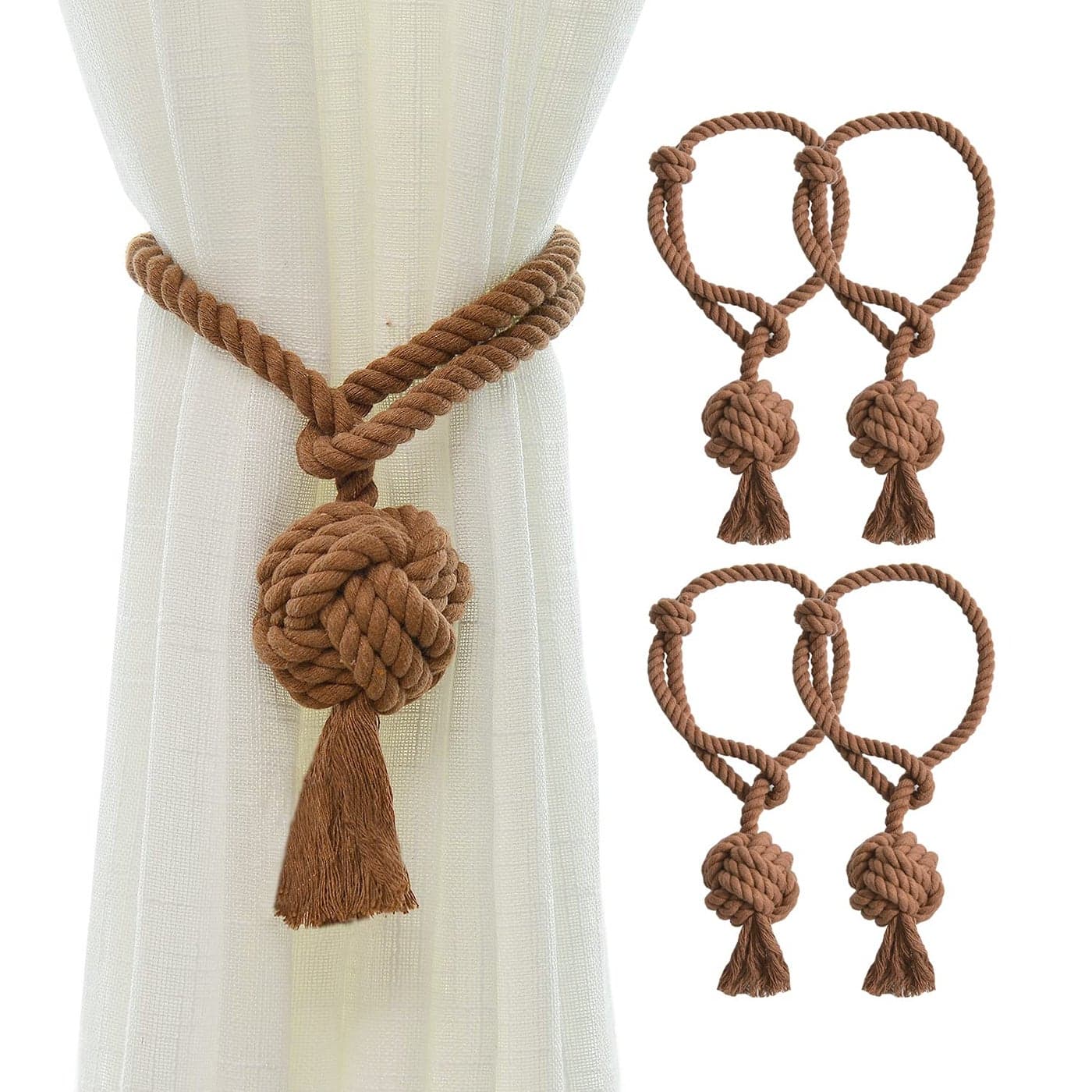JQWUPUP Hand Knitting Curtain Tiebacks Rope for Draperies Decorative Rustic Holdbacks Rope Holdbacks Holders for Sheer Curtain and Outdoor CurtainSet of 4 Coffee
