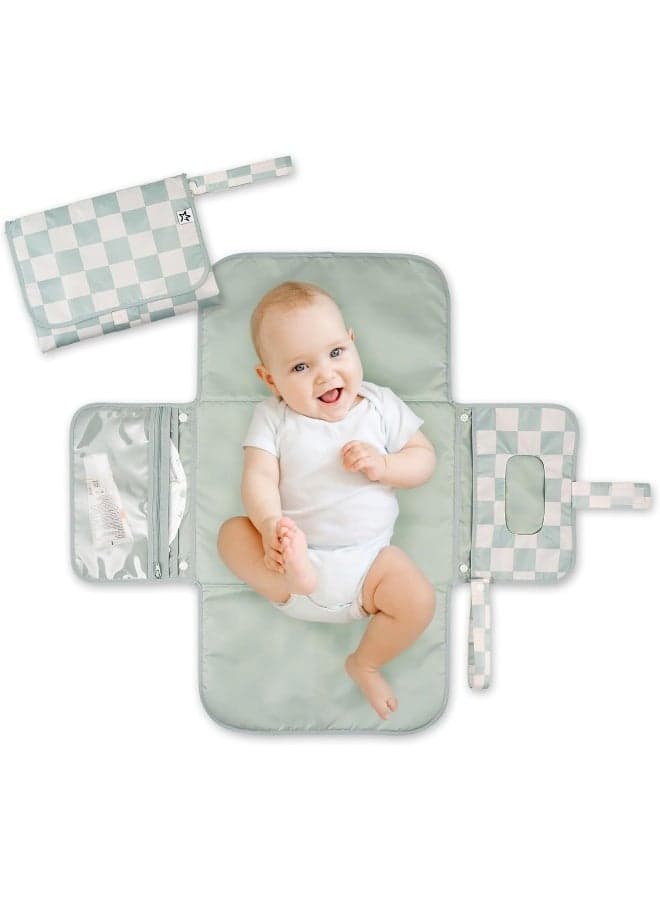 Portable Diaper Changing Pad, Foldable Waterproof Baby Change Pad for Newborn Girl & Boy with Smart Wipes Pocket (Sage Checkers)