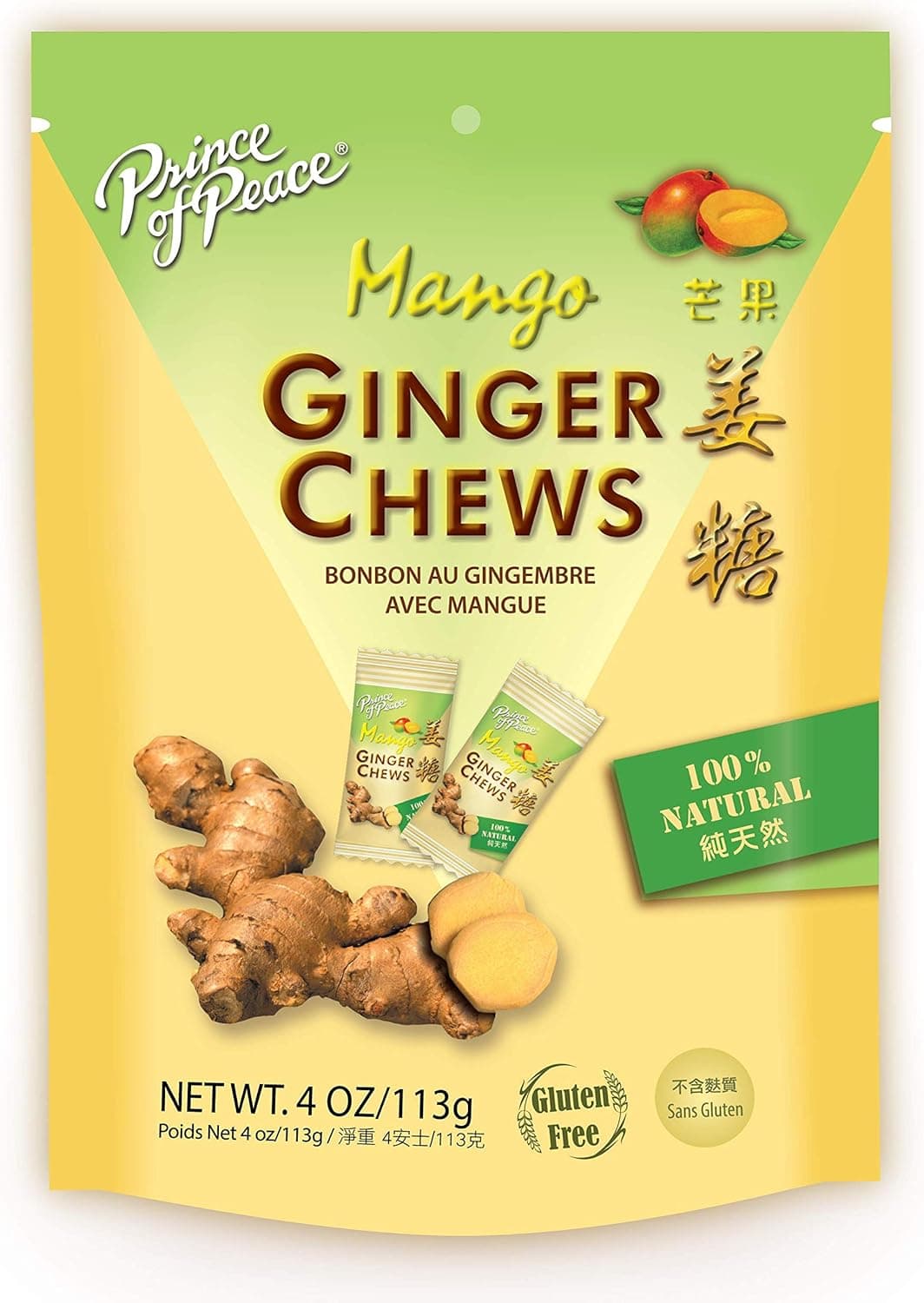 Prince of Peace Mango Ginger Chews - 4 oz Natural Candied Ginger Candy for Nausea