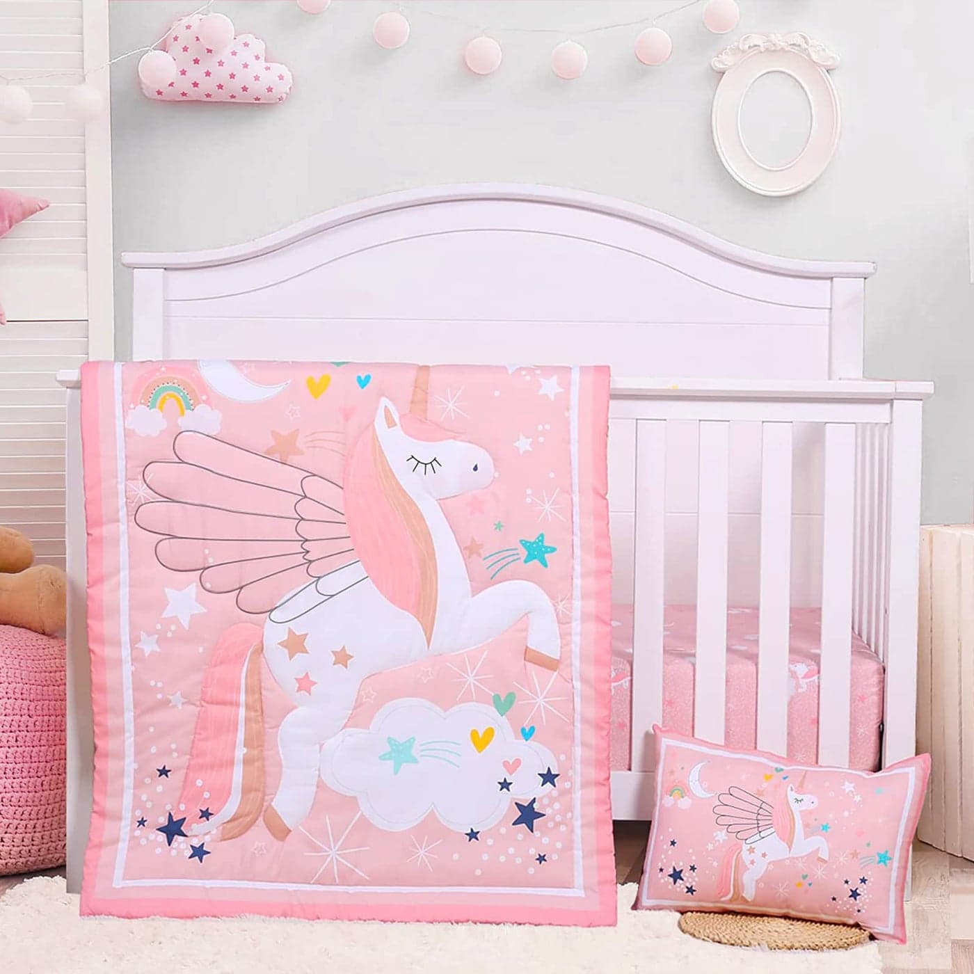 UOMNY Crib Bedding Set for Girls Pink Baby Nursery Sets 3 Pieces Quilt Comforter Fitted Sheet Toddler Pillowcase Soft Star