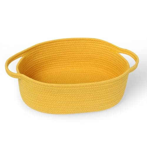 MEGASKET Yellow Woven Basket 13 x 9 x 5 Baskets for Gifts Empty Cute Cotton Rope Cat Dog Toy Bin Box Small Woven Bin for Organizing Yellow Room Decor Nursery Cloth Diaper Storage Organizer