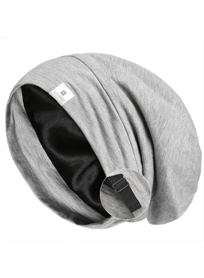 Silk Satin Bonnet Hair Cover Sleep Cap - Light Grey Adjustable Stay on Silk Lined Slouchy Beanie Hat for Night Sleeping