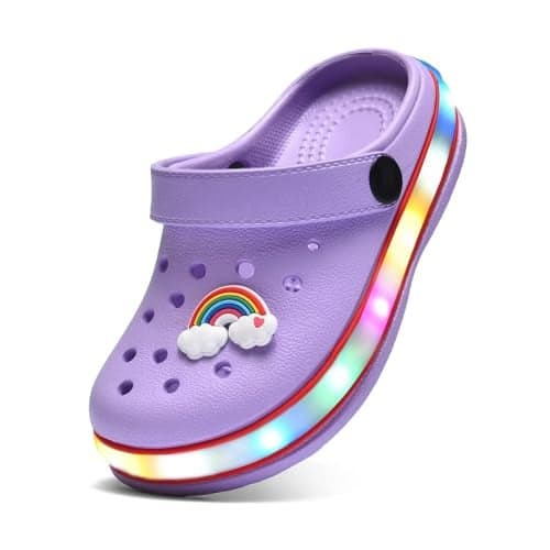 XPKWS Toddler Kids Clogs Boys Girls LED Garden Shoes Light up Sandals Slip on Quick Dry Beach Slippers (Purple,28)