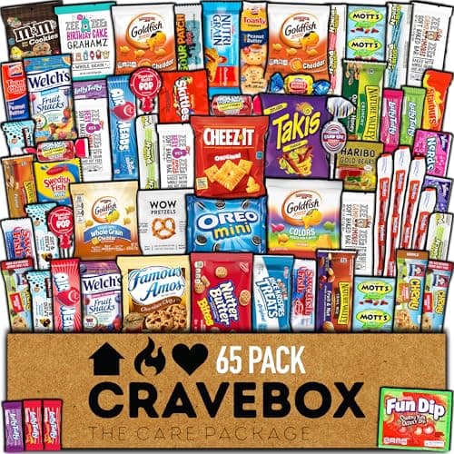 CRAVEBOX Snacks Box Variety Pack Care Package (65 Count) Christmas Treats Gift Basket Adults Kids Grandkids Guys Girls Women Men Boyfriend Birthday Cookies Chips College Student Office School