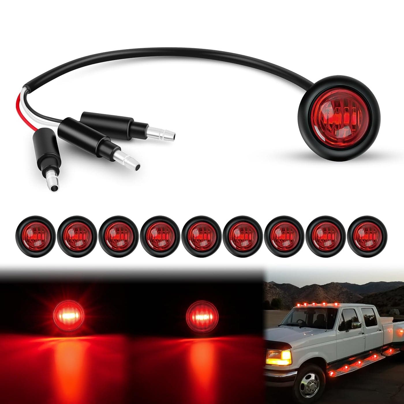 Nilight 34Inch Round Marker Light 10PCS Red LED Brake Stop Turn Signal 3 Connectors Side Indicator Bullet Clearance Lights IP68 Waterproof for Trailer Truck Camper Van Boat Bus