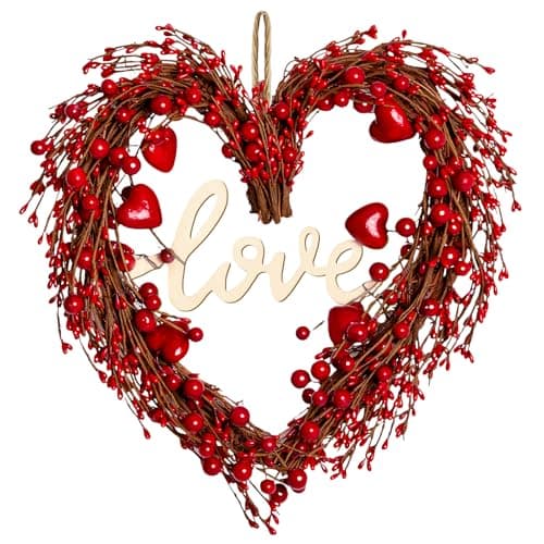 Valentines Day Wreaths for Front Door,14 Inches Artificial Red Berries Valentine Heart Shaped Wreath Decor with Love Wooden Sign,Valentine Heart Wreath for Window Home Indoor,Outdoor