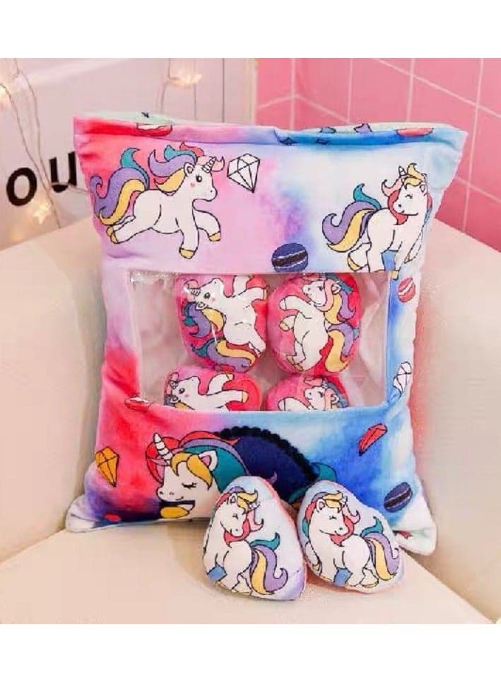 Cute Plush Pillow Removable Stuffed Animal Toy Creative Gift Children's Soft Pillow Room Decoration - Rainbow Horse (8 Animal Balls Inside)