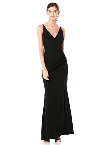 DRESS THE POPULATION womens Jordan Plunging Drape Front Sleeveless Long Gown With Slit Dress, Black, Small US