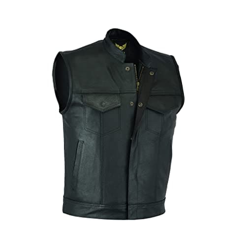 Leatherick Mens Leather Motorcycle Vest | SOA Club Style Biker Vest for Men with 8 Inside Pockets, Dual Closure Riding Gear (2XL, Black (With Collar))