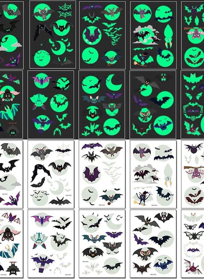 Temporary Tattoos for Kids, 73PCS Luminous Halloween Bat Theme Glow in the Dark Fake Tattoos, Body Stickers Decorations, Halloween Cosplay Face Makeup Holiday Party Favors Gifts for Adults Teens Bat
