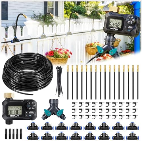 HIRALIY 360 Adjustable Drip Irrigation System 100FT with Timer 14 Tubing and Adjustable Copper Nozzles Automatic Atomizing Watering Kit for Garden Yard Lawn Greenhouse Potted Plants