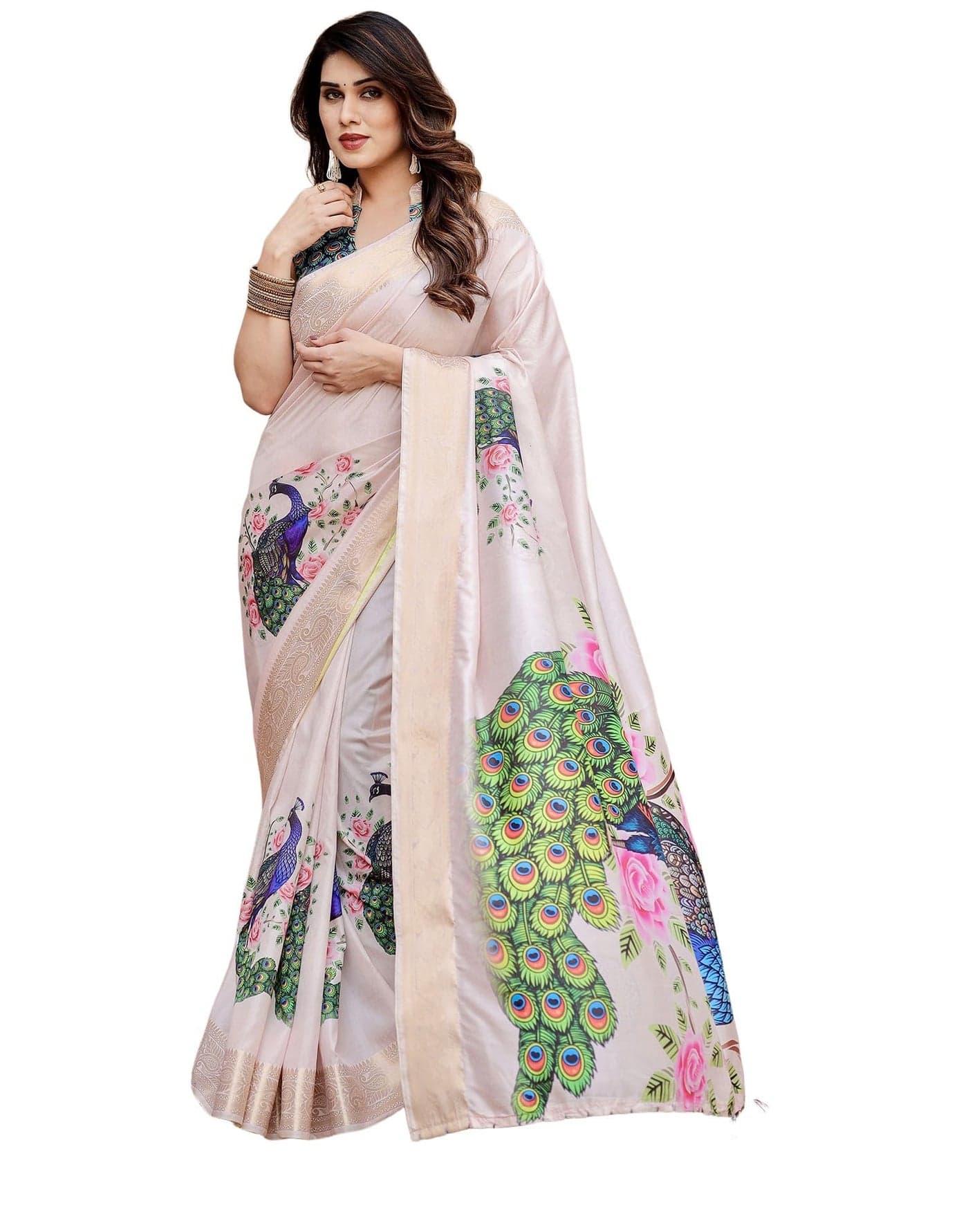SIRIL Women's Tussar Silk Kalamkari Printed Saree With Unstitched Blouse Piece (4295S274_Light Pink & Multi)