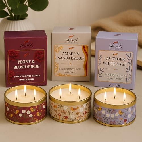 AuraDecor 3-Wick Scented Tin Candle | Premium Gift Set | Hand Poured Soy Blend | Long Lasting | Home Fragrance | Relaxation & Decor (All 3)