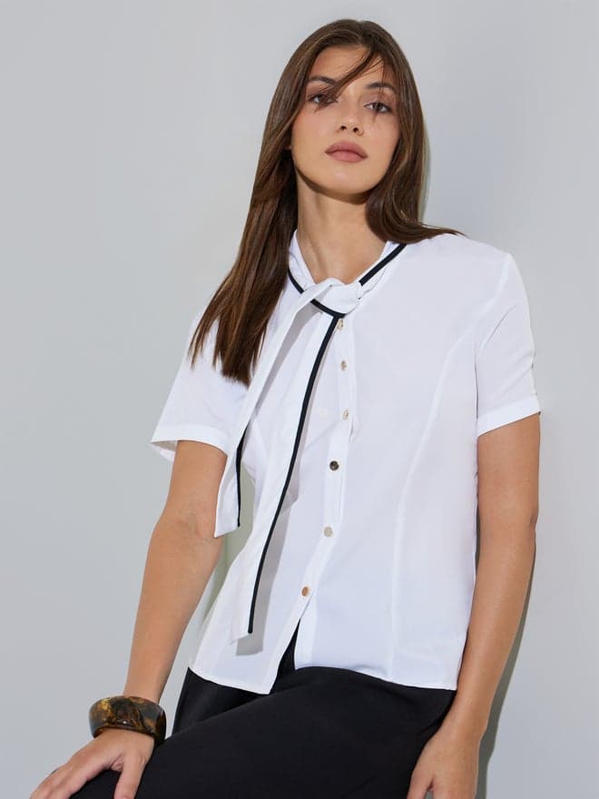 Styli White Short Sleeve Blouse with Neck-Tie Detail