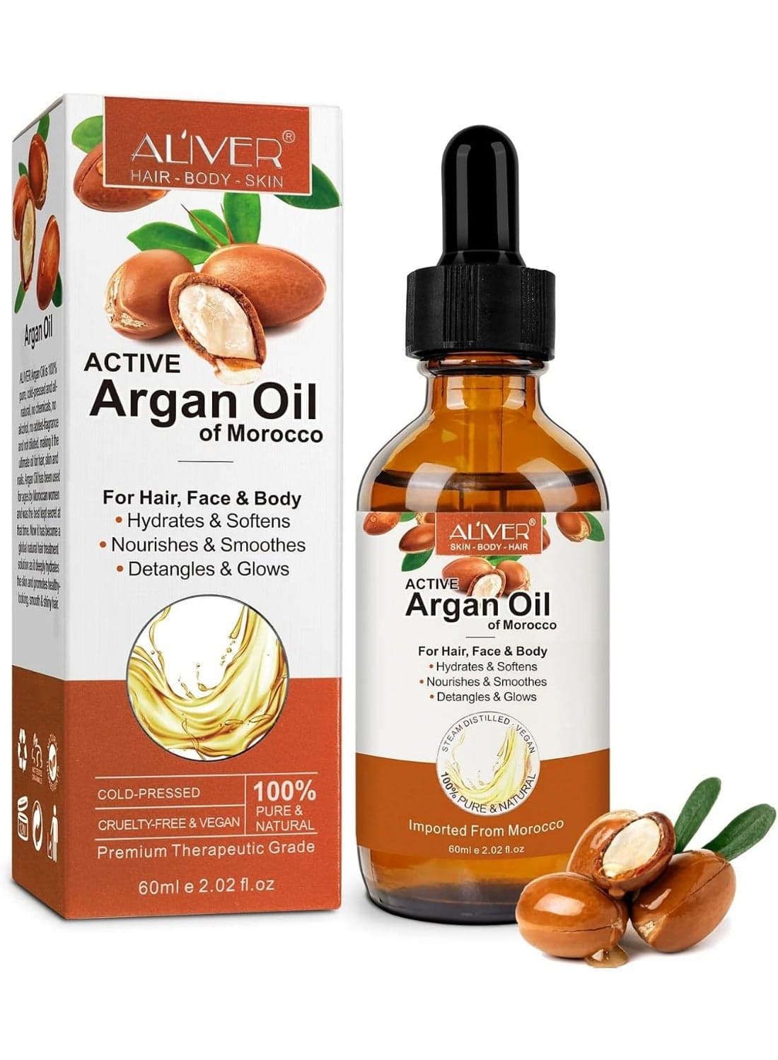 Argan Oil 60ml 100% Pure Moroccan Organic Argan Oil for Hair Growth Face & Body Cold Pressed Active Argans Oils of Morocco Treatment For Damaged Hair & Dry Skin Beard Nails and Skin
