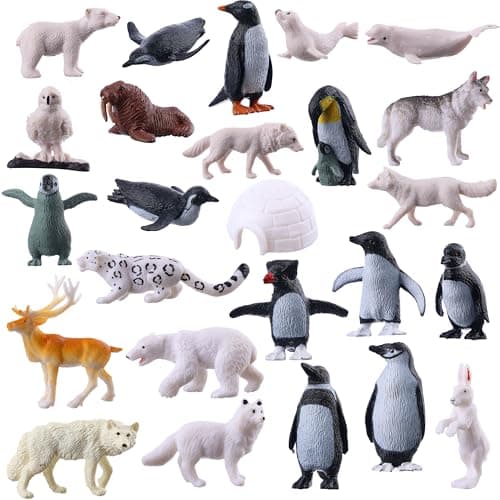 JOKFEICE 25Pcs Small Polar Animals Figurines Realistic Plastic Polar Bear Penguin Winter Arctic Animals for Early Educational Birthday Cupcake Topper for Kids