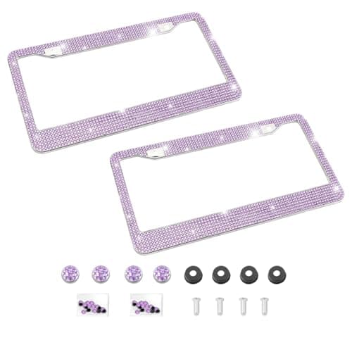 Bling 2PCS Car License Plate Frame Handcrafted Crystal Stainless Steel License Plate Frame Sparkly Durable Universal Fit Car Accessories for Girls Women Purple