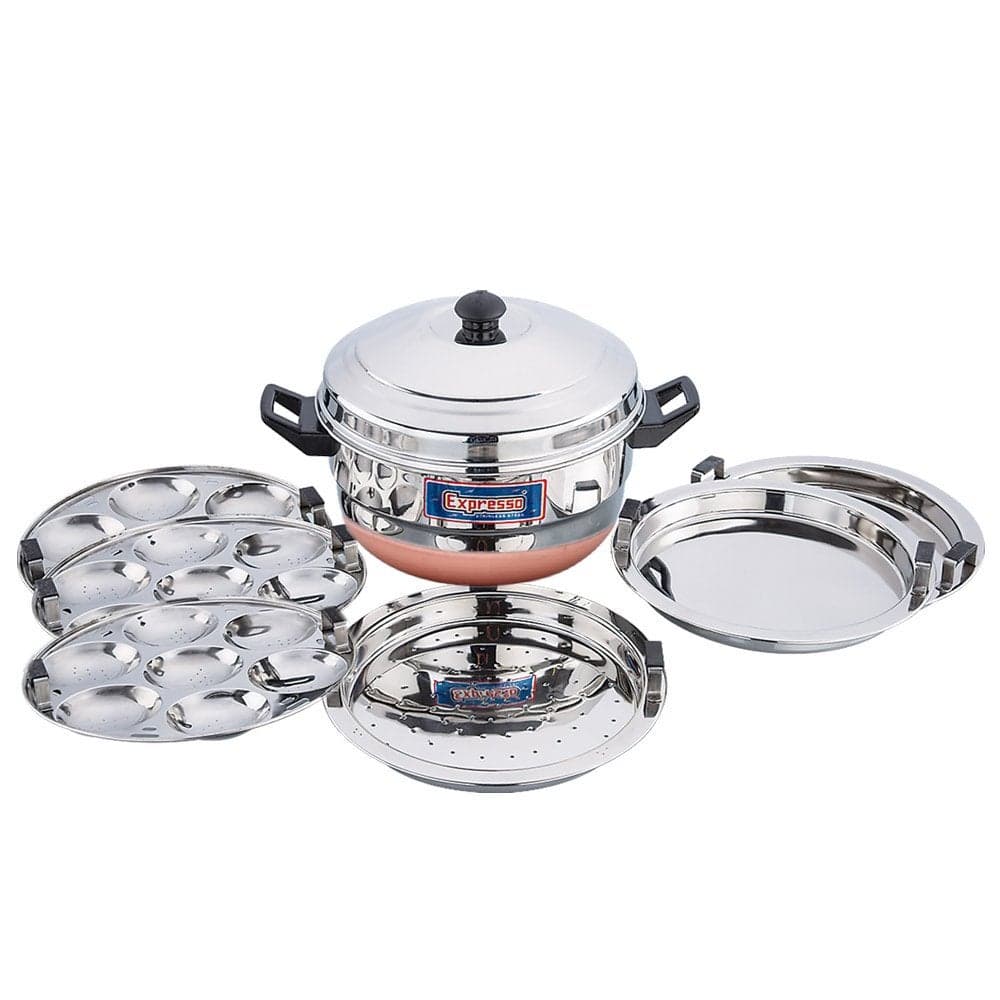 Expresso Stainless Steel Gas Stove Base Standard Idly Cooker Patra w/Copper Bottom (3 Thattu / 21 Idlis), 1 Steamer, 2 Dhokla/Thatte Plates