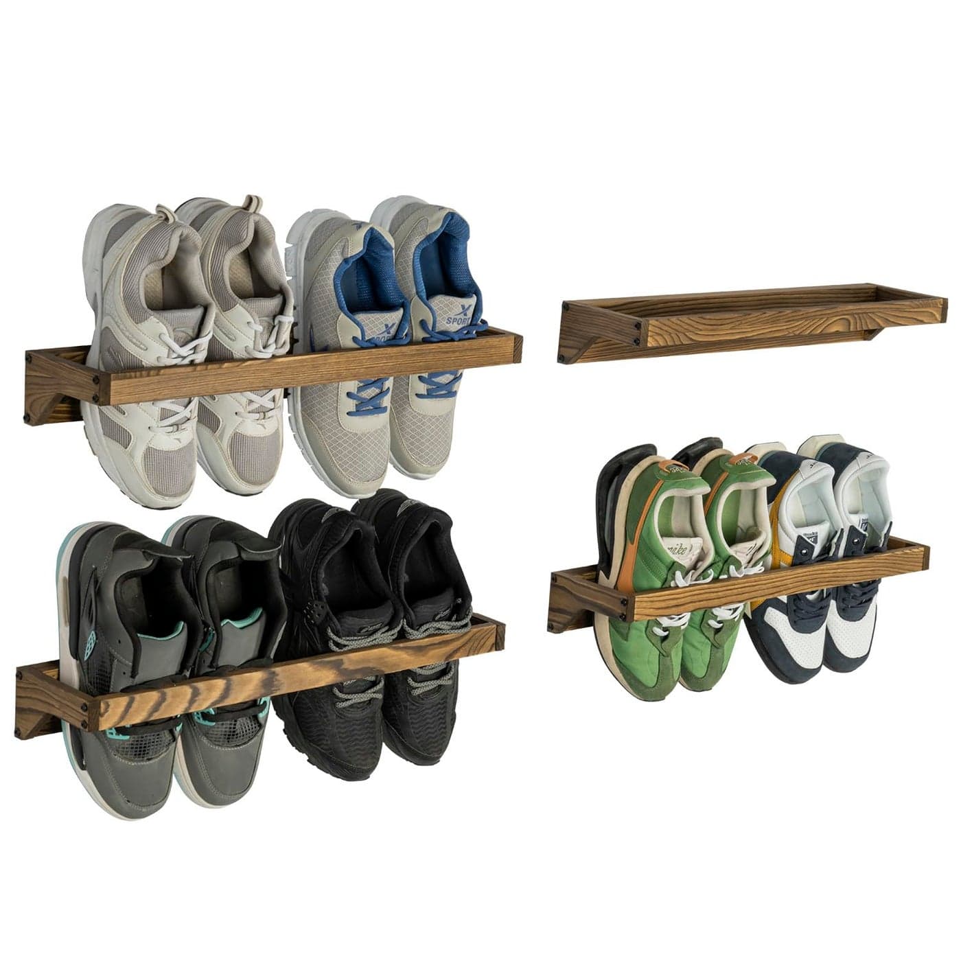 MyGift Set of 4 Rustic Burnt Solid Wood Hanging Shoe Storage Organizer Racks Wall Mounted Space Saving Footwear Holder for Closet Mudroom Entryway Holds 8 Pairs