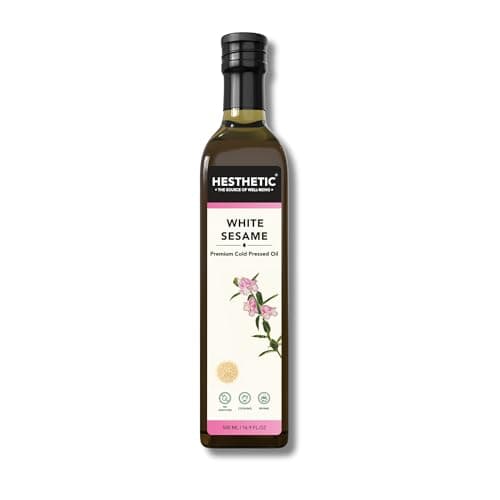 HESTHETIC Premium Edible Cold Pressed White Sesame Seed (Gingelly) Oil, 500ML,Til Ka Tel, Rich in Healthy Fats, Ideal for Cooking, Frying and Salad Dressings, 100% Pure and Natural, Food Grade Virgin Oil, Glass Bottle