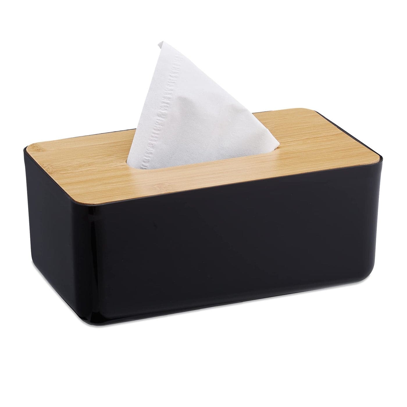 Relaxdays Tissue Box Refillable Bathroom Napkin Dispenser Bamboo Lid Plastic 10 x 23 x 13 cm BlackNatural