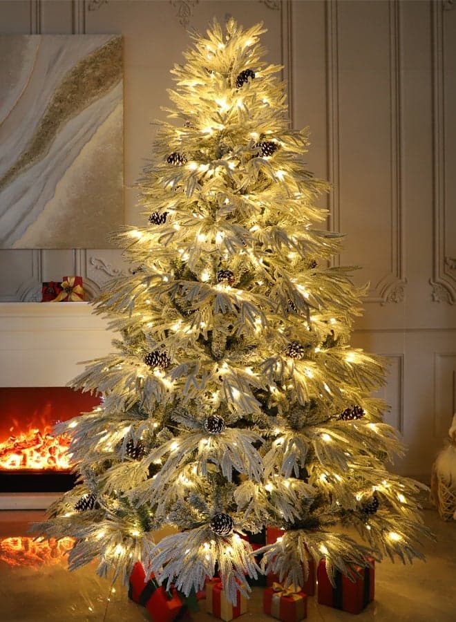 LED Artificial Christmas Tree Snow Flocked Christmas Trees Full Xmas Tree with PVC Branch Tips and Foldable Metal Stand for Home Office Holiday Party Decorations Glowing Christmas Tree