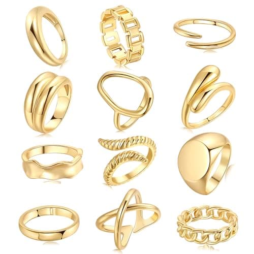 FAXHION 12PCS Gold Stackable Rings Set for Women, 18K Gold Plated Open Stacking Knuckle Ring, Adjustable Chunky Signet Band Statement Ring for Gift