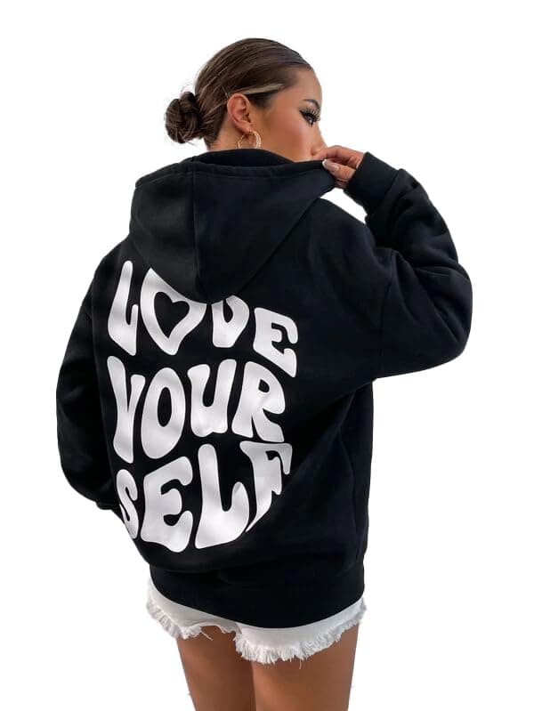 THALASI Women Back Printed Oversized Black High Neck Regular Fit Sweatshirts with Hoodies - Cotton Winter Hoodies with Stylish Chest Pocket and Aesthetic Vibes & Full Sleeve Winter Wear Large