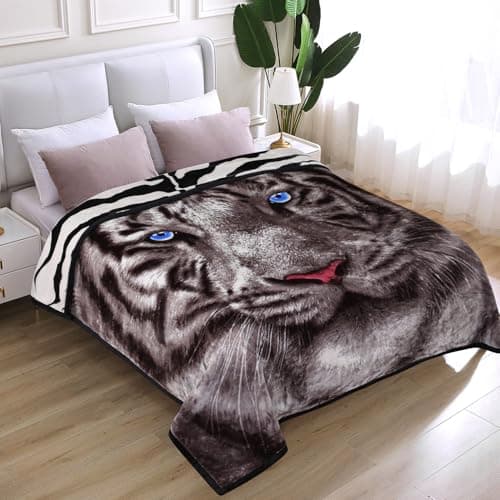 JYK Soft Fleece Bed Blanket King Size 5.7 LB, Korean Style 2 Ply Reversible Fluffy Flannel Blanket Microfiber, Warm Cozy Blanket for Autumn, Winter 83x91 Inches - Black White Tiger/Tiger Stripes