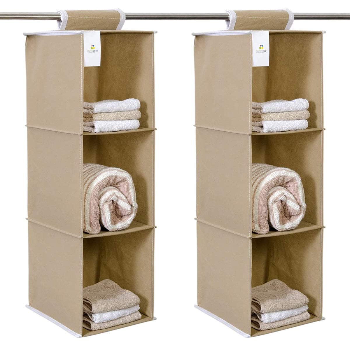 Homestrap Non Woven Hanging 3 Shelves WardrobeCloset Cloth Organizer BeigePack of 2Shark Tank Product