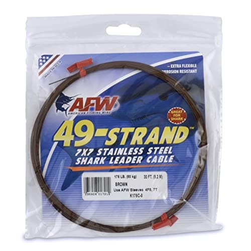 American Fishing Wire 49 Strand, 7x7 Stainless Steel Shark Leader Cable, 175 lb / 80 kg Test, .036 in / 0.91 mm Dia, Camo, 30 ft / 9.2 m