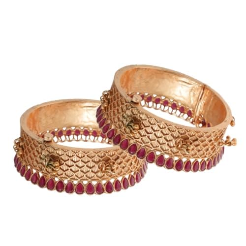 Iksava Traditional South Indian Temple Kemp Stone Bangles for Women & Girls | Antique Gold Plated Kada with Red Teardrop Kemp Stones | Bridal Ethnic Jewellery (2.4)