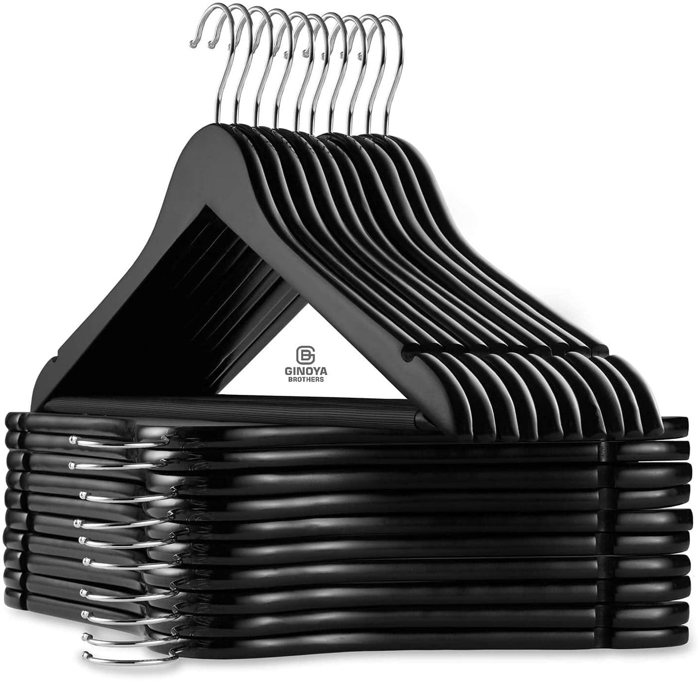 GINOYA BROTHERS Black Wooden Suit Hangers 24 Pack with Non Slip Pants Bar - Smooth Finish Solid Wood Coat Hanger for Camisole, Jacket, Pant, Dress Clothes Hangers