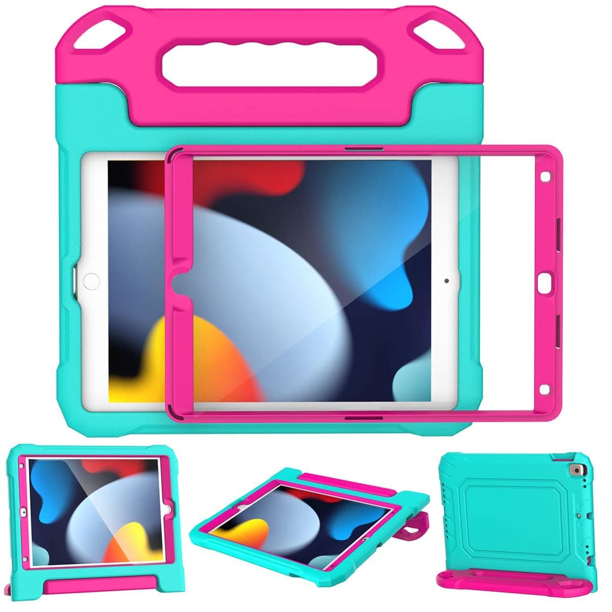 SUPLIK Kids Case for iPad 9th8th7th Generation 102 inch 202120202019 Built with Screen Protector Durable Shockproof Handle Stand Cover for Apple iPad Gen 987 CyanPink