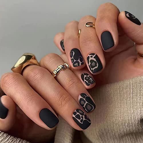 Press on Nails Short with Leopard Designs 24Pcs Full Cover Reusable False Nails with Glue Artificial Square Fingernails Acrylic Fake Nails for Women Girls Stick on Nails with Charm Decorations