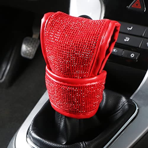 SPANICE Bling Auto Shift Gear Cover Leather Auto Gear Shift Knob Cover with Crystal Glitter Bling Rhinestones for GirlsLady Universal Fit Red