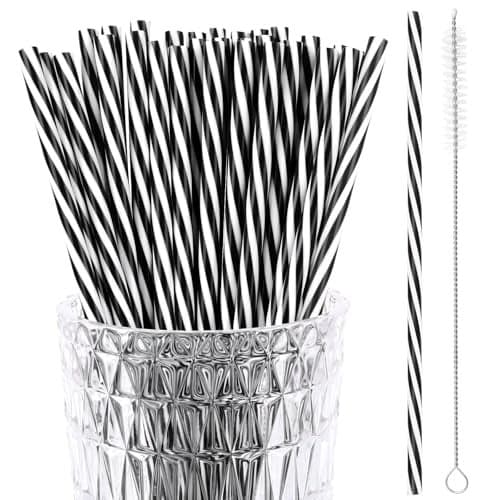 JANYUN 30 Pcs Halloween Straws Plastic, Reusable Black and White Striped 9 Inch Hard Plastic Drinking Straws with Cleaning Brush for Christmas Halloween Birthday Party Supplies Table Decorations