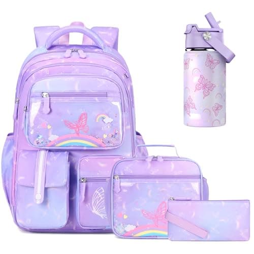 ACESAK Kids School Backpack for Girls Rainbow Bookbag Backpack with 14OZ Kids Water Bottle Lunch Bag Set for Girls Kid Teens Middle School Student Girl Backpacks for Schools 4pcs Water Bottle